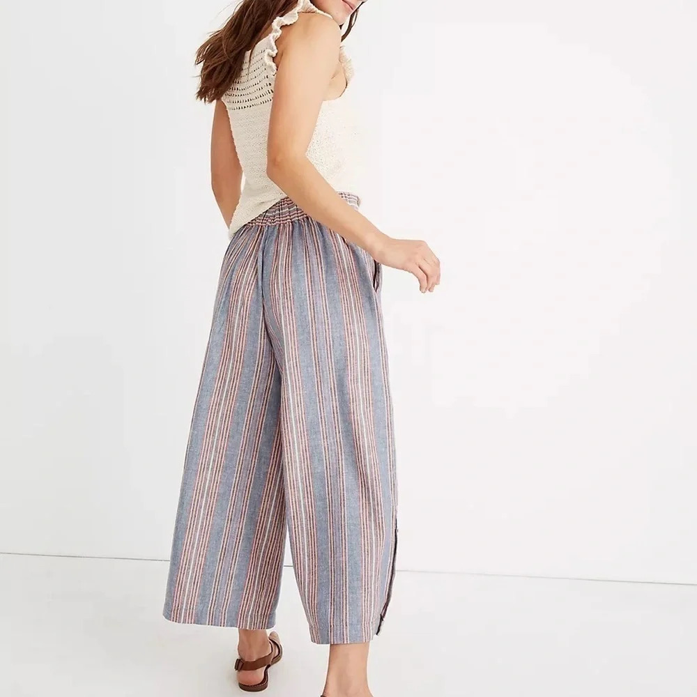 Madewell Side-Button Huston Pull-On Crop Pants in Rainbow Stripe Linen XS